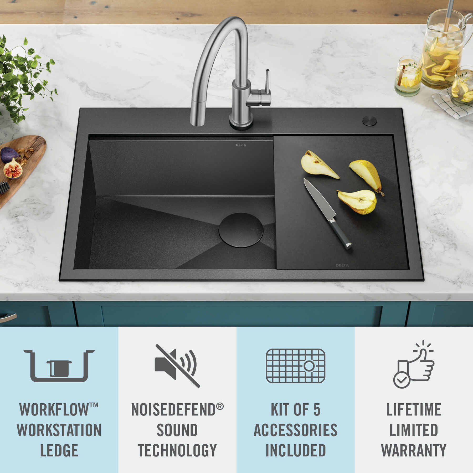 33” Drop-In Top Mount 16 Gauge Workstation Kitchen Sink Single Bowl with WorkFlow™ Ledge and Accessories, image 16